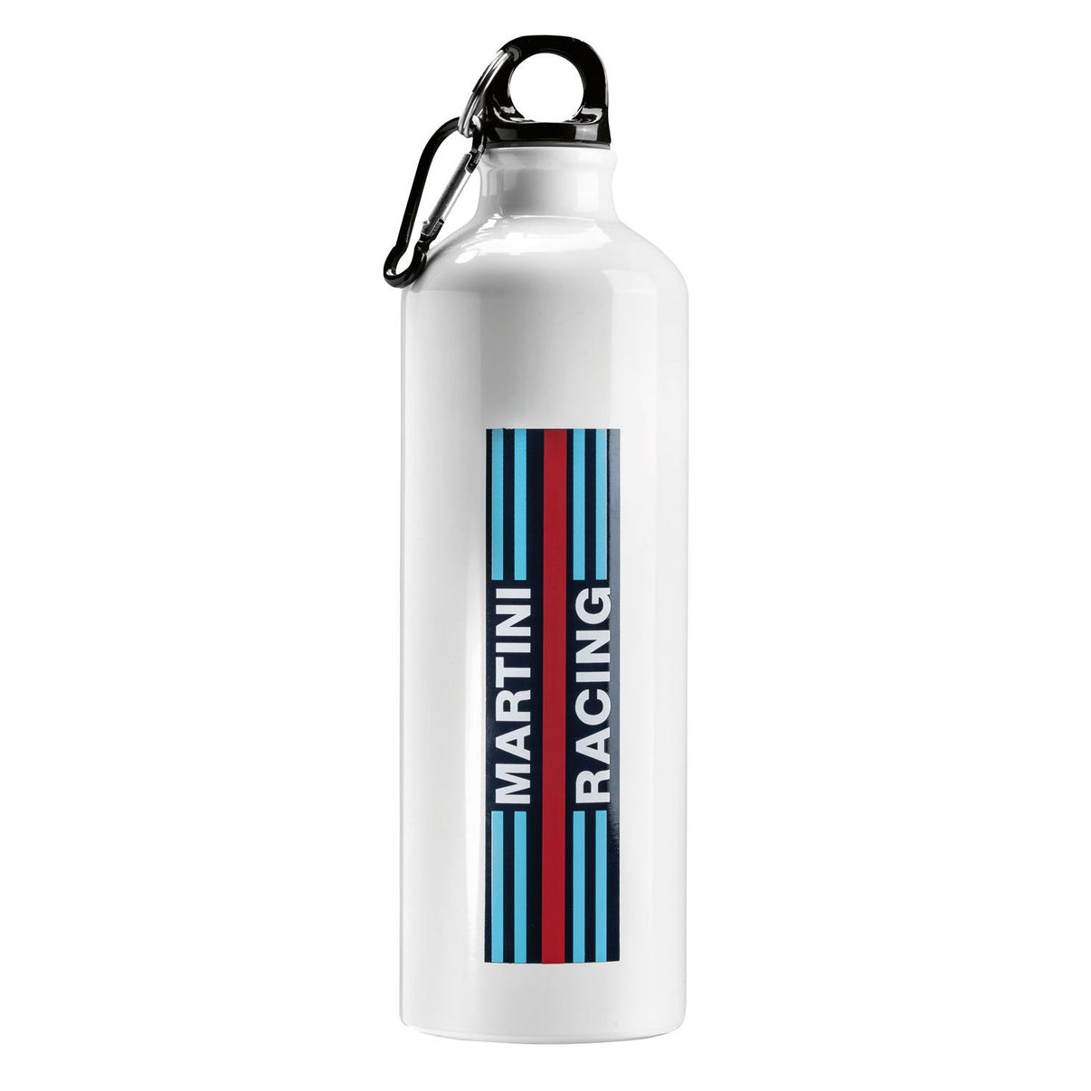 Vit aluminiumflaska med Martini Racing-design och skruvlock med karbinhake