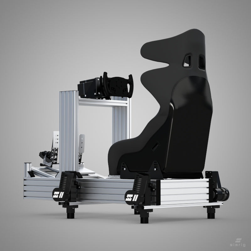 SIMRIG SR2 motionsystem under silverfärgad aluminiumrigg med racingstol